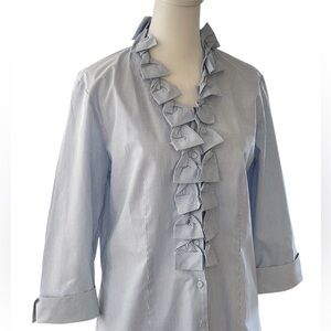 Talbots Blue White Stripe Ruffle Button-up Shirt Sz 6 3/4 Sleeves Fabric Buttons